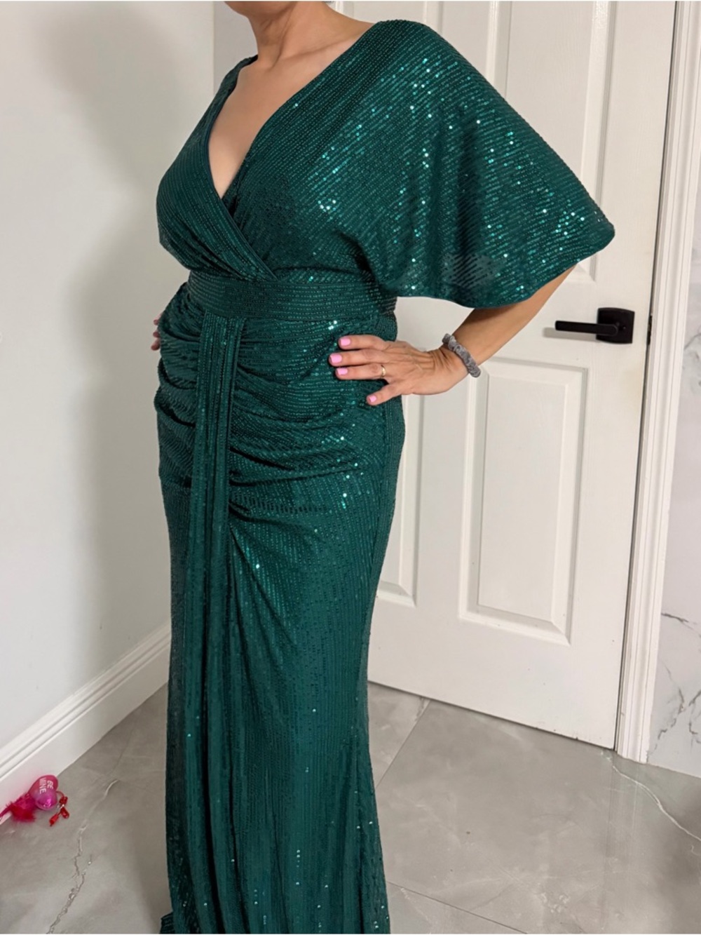 Elegant Emerald Green Sequin Wrap Gown